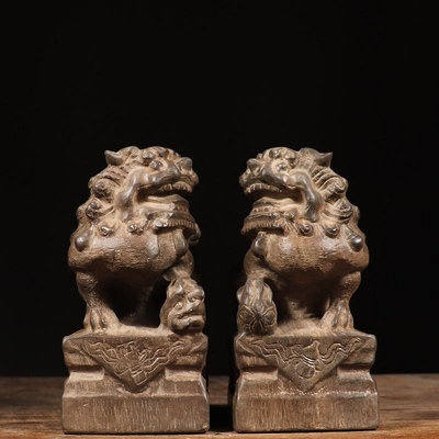 佛藝館 仿古石雕青石暗八仙雌雄石獅子中式復古陳設門前擺件裝飾 SY