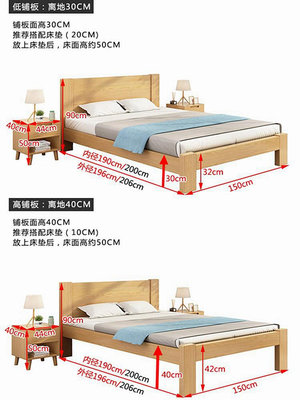 加厚純全實木床工代簡約1米5床架松木高腳一米八雙人床 無鑒賞期 自行安裝