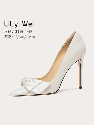 Lily Wei婚鞋2024年白色新娘鞋蝴蝶結高跟鞋漆皮女鞋小碼3313233-麵包の店