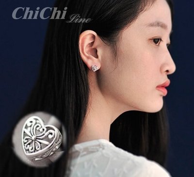 Chi Chi-A1048 鏤空鳥巢素銀拉絲 時尚愛心形耳釘
