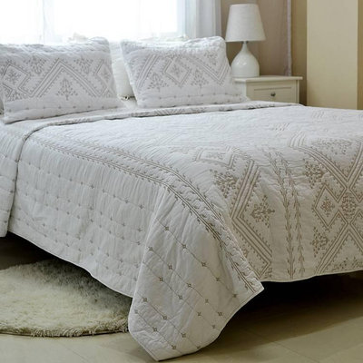 【床上用品 舒適 溫馨】【被單 被罩】刺繡純色外貿原單口美式床蓋絎縫被三件套歐式純棉床罩床單白色