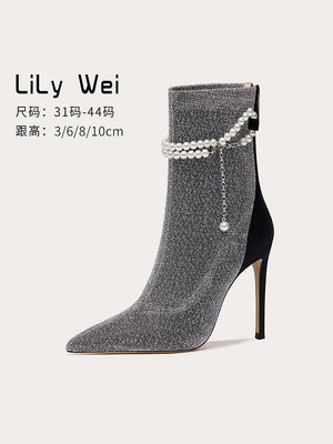 Lily Wei【墨然】秋新款短靴女靴子小眾尖頭細跟中筒靴大碼41-43-麵包の店