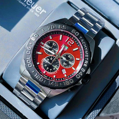 TAG HEUER Formula 1 紅色面錶盤 銀色不鏽鋼錶帶 石英 三眼計時 男士手錶 CAZ101AN.BA0842 豪雅 F1