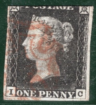 E002-英國古典郵票-1840年黑便士-IC字軌-三寬邊一剪邊,舊票,銷紅色馬爾他十字戳
