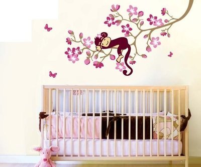 DIY創意組合壁貼/貼紙/牆貼~大型50*70透明反覆貼壁貼. 櫻花上的可愛猴 JM8091