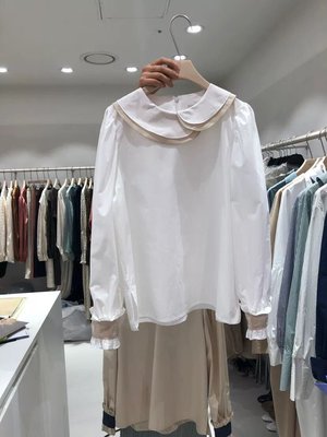 韓版 ➰2色��甜美拼色娃娃領氣質泡泡袖襯衫