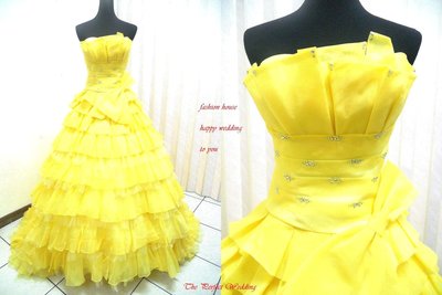 【時尚屋婚紗禮服】黃色露肩法式時尚設計師層次造型款《二手禮服》～Ｗ５４５(歡迎預約試穿)