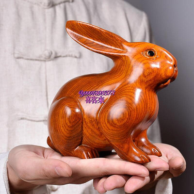 黃花梨實木雕刻兔子擺件原木頭一對公母十二生肖兔家居紅木工藝品送禮佳品 木雕工藝 招財擺件
