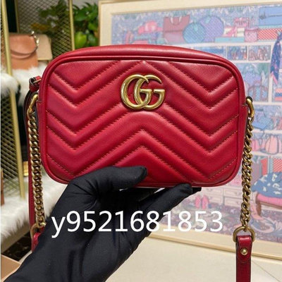 二手正品 Gucci 古馳 雙G小號 Marmont 絎縫 紅色相機包 真皮 單肩包 斜背包 447632 鏈條包 女包