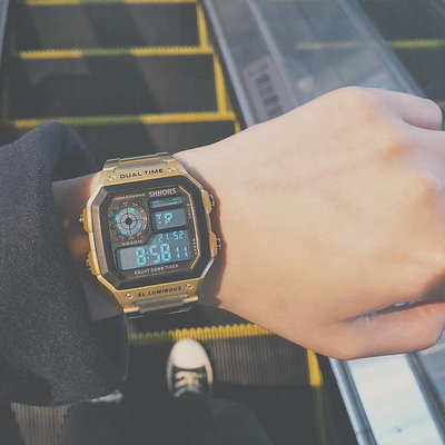 方形鋼帶手錶潮男金錶潮嘻哈復古金色防水女休閒運動電子錶小金錶
