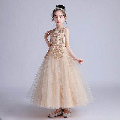 童裝兒童長款女童公主裙禮服香檳色洋裝花童禮服洋裝長裙鋼琴表演服