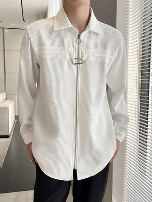 華夫格設計感拉鏈襯衫男秋季韓版高級小眾金屬痞帥長袖襯衣