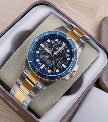 FOSSIL FB-01 Automatic 藍色 鏤空錶盤 金色配銀色不鏽鋼錶帶 男士 自動機械錶 ME3191