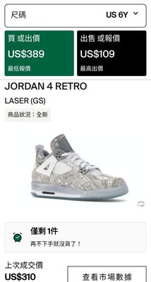 國際行情破萬 全新 Air Jordan 喬丹4代 AJ4 Laser 30週年紀念 雷射 大童鞋、女鞋 GS BG 6Y 24cm