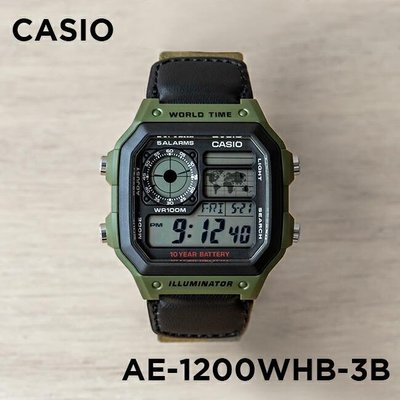 【金台鐘錶】CASIO卡西歐 (世界地圖顯示) 世界時間地點 LED照明 (綠帆布錶帶) AE-1200WHB-3B