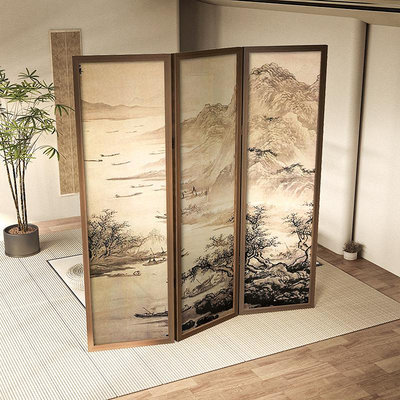 復古山水折疊屏風隔斷客廳遮擋中國風茶室背景裝飾實木折屏