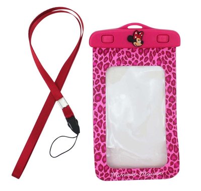 【卡漫迷】 Minnie 米妮 豹紋 5.5吋以內 手機套 ㊣版 附掛繩 手機 防水袋 潛水袋 戲水必備 防水套