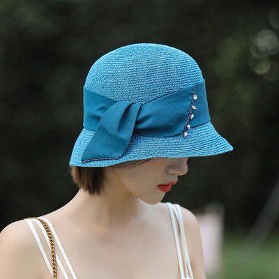 熱銷 日系文藝漁夫盆帽子女夏天遮陽防嗮草帽可折疊海水珍珠裝飾