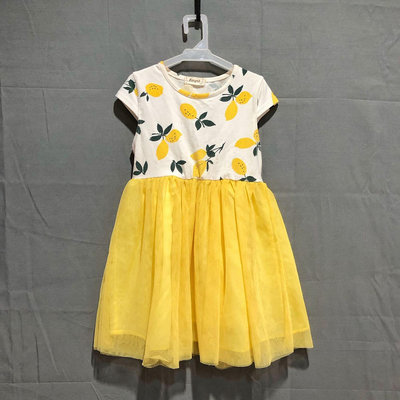女童裝 黃檸檬印花 網紗拼接短袖洋裝