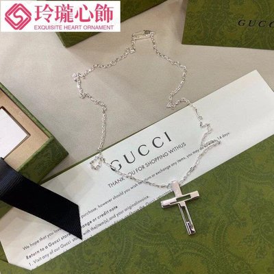 Gucci古馳925純銀經典G型十字架亮銀男女項鍊 尺寸：50➕5cm~玲瓏心飾