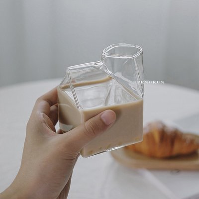 現貨 【保固】創意日式牛奶盒玻璃杯 高硼矽耐高溫玻璃杯 早餐杯創意牛奶盒  異形牛奶杯 ins北歐文藝杯子 鮮奶盒 家用