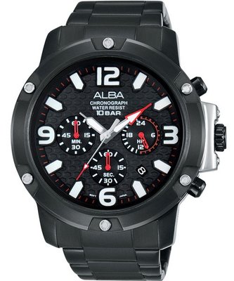 ALBA Prestige 三眼計時藍寶石腕錶(AT3825X1)-鍍黑/45mmVD53-X218SD