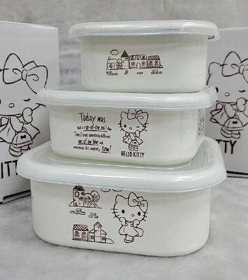 ♥小花花日本精品♥Hello Kitty 保鮮盒 便當盒 野餐盒 點心盒 大中小3入組 琺瑯材質 日本境內專屬~7