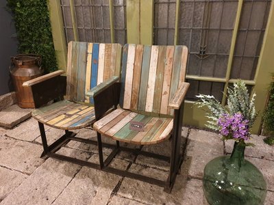 【卡卡頌  歐洲古董】全手繪實木  彩繪刷色 鐵件 雙人連椅  造型椅  玄關椅  庭院椅 ch0366✬