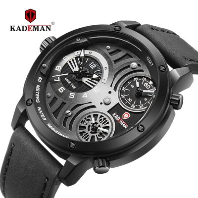 【潮裡潮氣】KADEMAN卡德曼大錶盤三時區皮帶防水休閒手錶石英腕錶KD696