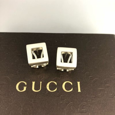 gucci 專櫃 真品 純銀 925 正方形 方塊 鏤空 低調 耳環 耳針 耳釘 針式 logo 二手 正品 一對 古馳