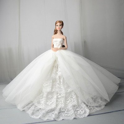 芭比娃娃套裝公主晚禮服的白色蕾絲手工婚紗CC小铺