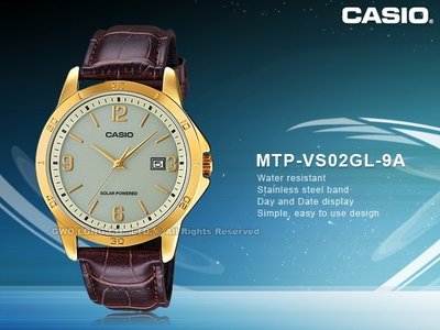 CASIO 卡西歐 手錶專賣店 MTP-VS02GL-9A 男錶 皮革錶帶 太陽能 防水 日期顯示