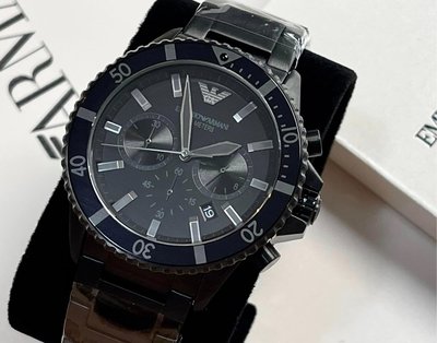 EMPORIO ARMANI DIVER 黑色面錶盤 黑色不鏽鋼錶帶 三眼計時 石英 男士手錶AR11363 亞曼尼腕錶