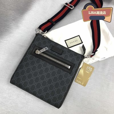 LISA二手 Gucci 古馳 523599 K5RLN 黑色GG Supreme 小型郵差袋 斜背包 斜挎包 單肩包