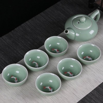 熱銷 青瓷功夫茶具套裝家用小茶杯鯉魚茶碗陶瓷茶壺蓋碗茶杯 可開發票