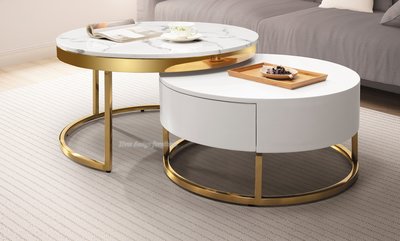 【N D Furniture】台南在地家具-金色電鍍腳工業風設計款(人造石面大圓几+旋轉烤漆小茶几)組合不拆賣YH