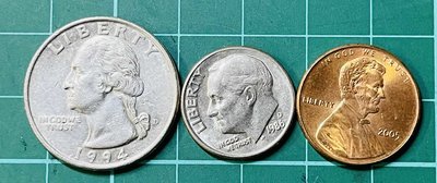 美國Quarter+Dime銀幣+onecent硬幣(三枚一標)