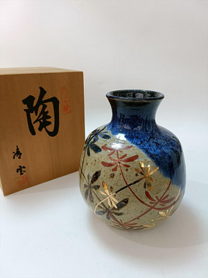 日本 壽加燒 清寶窯 清寶作 描金唐草紋 赤繪 花瓶 花入