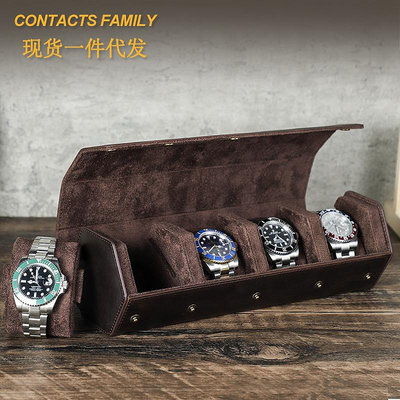 錶盒 展示盒 復古瘋馬牛皮六角形機械手錶收納盒真皮便攜式防摔腕錶四位裝錶盒