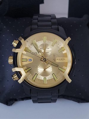 DIESEL Griffed 金色錶盤 黑色不鏽鋼錶帶 石英 三眼計時 男士手錶 DZ4525