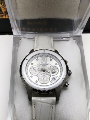 二手卡西歐CASIO SHEEN系列((SHE-5513L)陶瓷表圈 晶鑽三眼計時女用腕錶