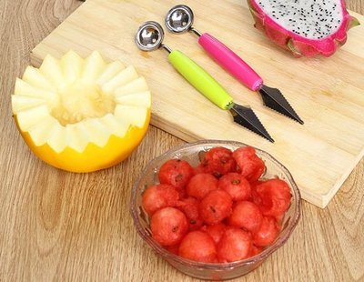 雙頭 不銹鋼 水果挖球器 波纹雕花刀 冰淇淋 西瓜 水果 拼盤 挖勺 兩用切果器