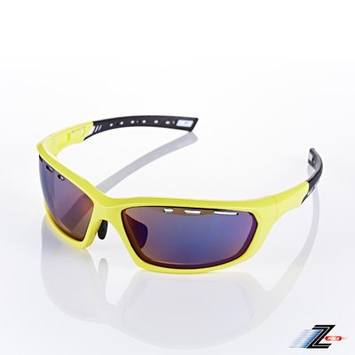 【Z-POLS】頂級TR太空纖維彈性輕量材質 質感黃框弧形包覆抗UV400電鍍藍PC運動眼鏡(防悶設計鏡片)