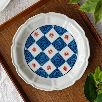 日式市松陶瓷造型盤子  陶瓷造型盤  白色 藍色 紅色 家常菜盤 牛排盤  造型盤【小雜貨】