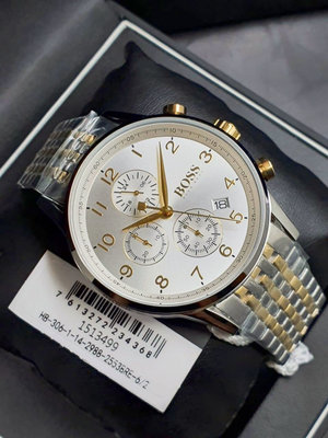 HUGO BOSS Navigator 銀白色錶盤 金色配銀色不鏽鋼錶帶 石英 三眼計時 男士手錶 1513499