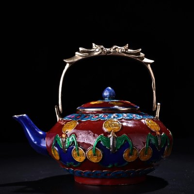 特賣-純銅鑲嵌景泰藍琺瑯彩金 茶壺  酒壺品相保存完好   工藝精湛   造型獨 精美重630克  個11