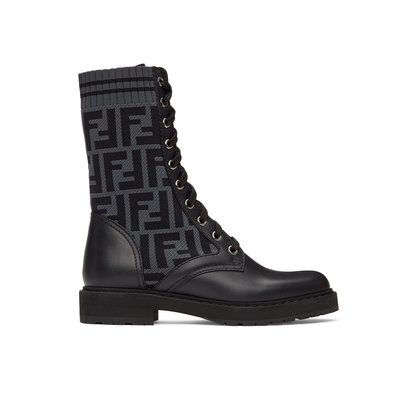 [全新真品代購-S/S21 新品!] FENDI FF針織面料 黑色皮革 靴子