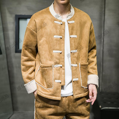 中國風皮毛一體加絨加厚棒球夾克外套羊羔毛棉服搭配一套男裝唐裝-雅怡尚品