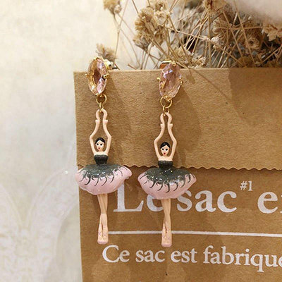 小Z代購#Les Nereides 法國琺瑯釉首飾品 芭蕾舞女孩 咖啡色暈染 鑲鉆寶石耳釘耳環耳夾