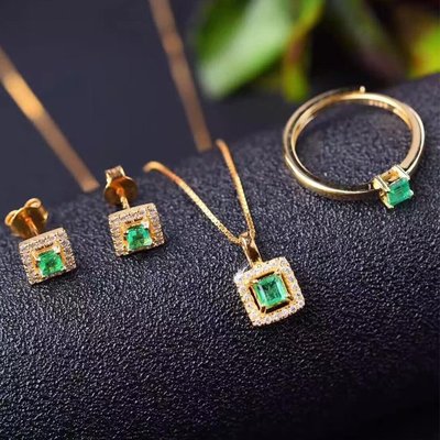 【祖母綠套組】天然祖母綠項鍊戒指耳環三件套組 agete風格